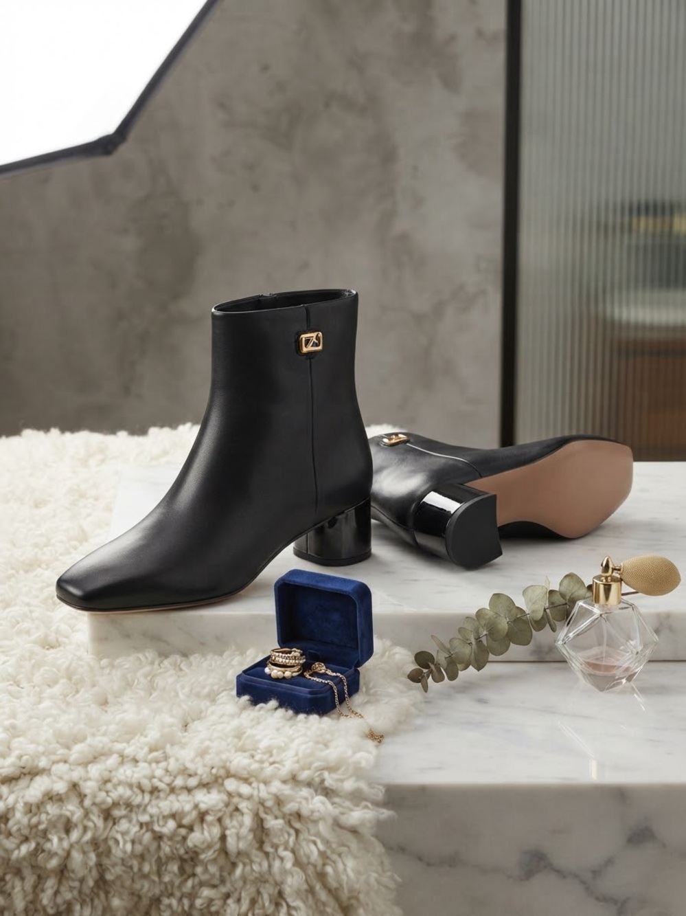 Franco Sarto Black Leather Ankle Booties with Block Heel
